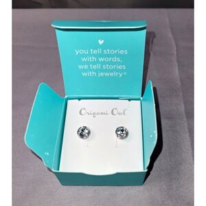 Origami Owl Round Clear Crystal Stud Earrings Silver Tone Bezel Set ER3049